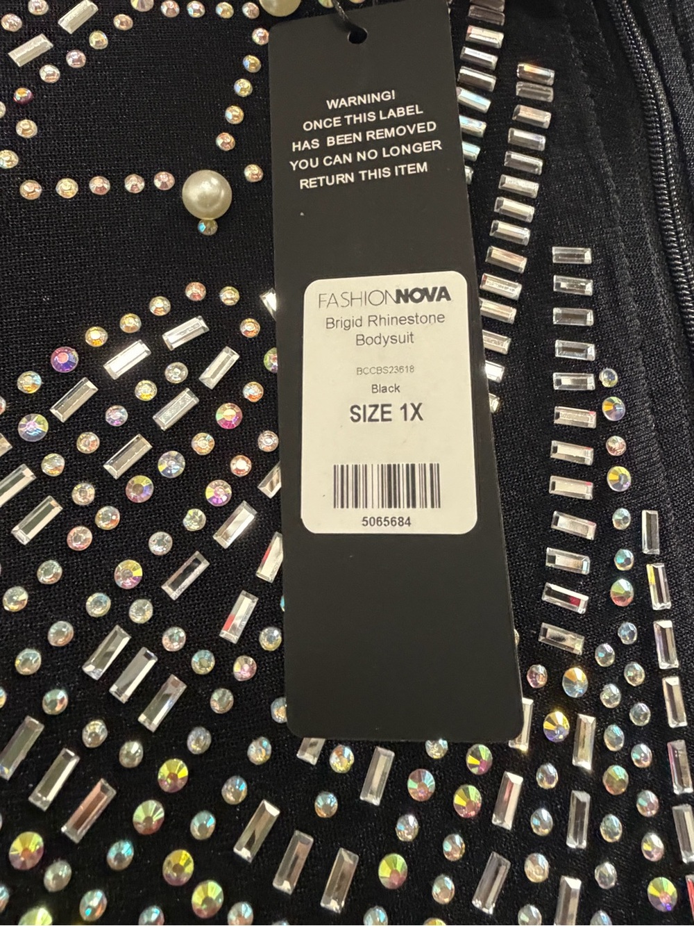 Fashion Nova Black Embellished Pearl & Crystal Long-Sleeve Bodysuit - Picture 4 of 4